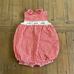 Baby Boden red gingham smocked bunny romper